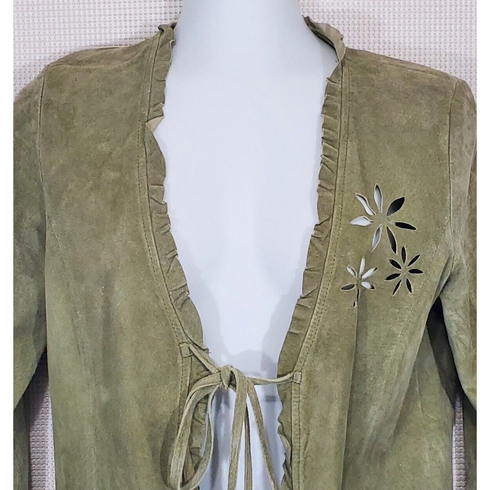 Karen Kane Lifestyle Suede Jacket Small Laser Cut Sage Green Blazer Tie Front - Picture 2 of 15